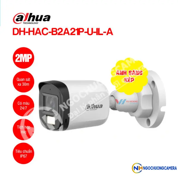 Camera HDCVI Full Color ánh sáng kép 2MP Dahua DH-HAC-B2A21P-U-IL-A